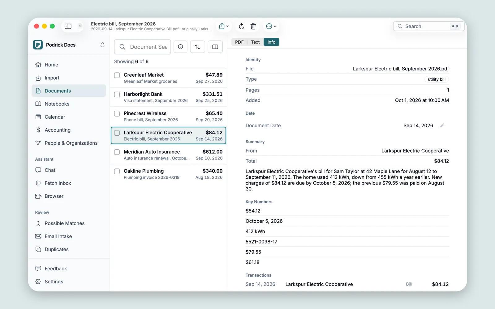 Podrick Docs showing the card it filled in for an electric bill: from Larkspur
      Electric Cooperative, total $84.12, dated September 14, 2026, with a summary saying the
      new charges are due by October 5.