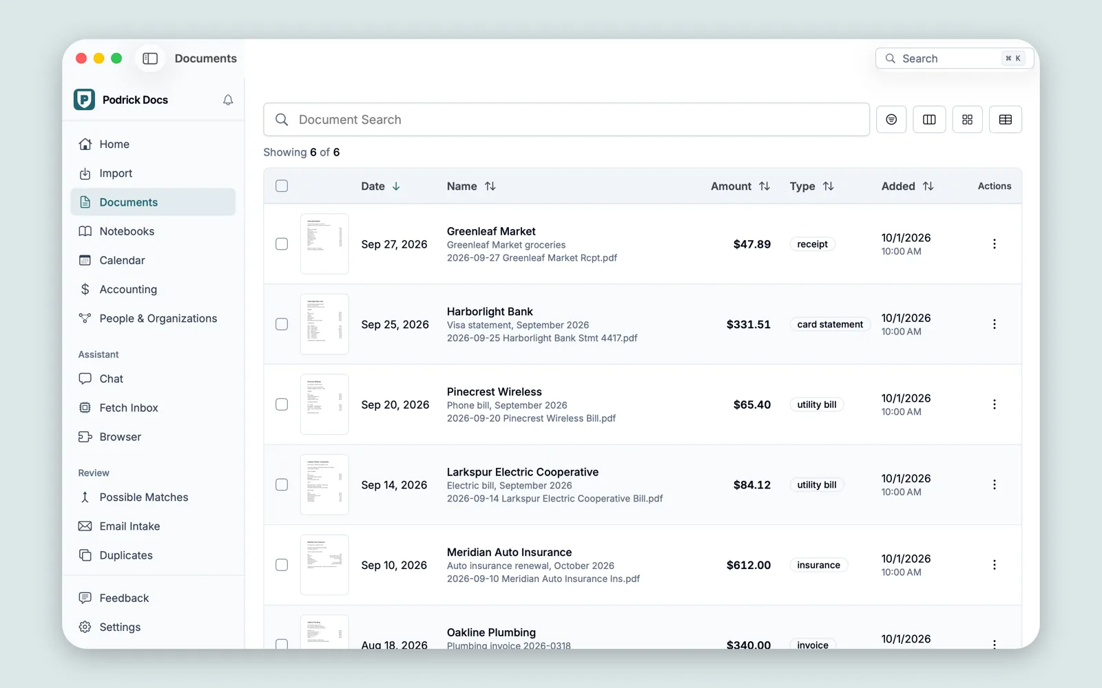 The Documents page listing six sample documents, each named by its
        card, with its date, amount and type, such as receipt, card statement and utility
        bill.