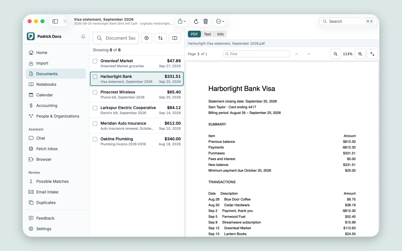 A sample Visa statement from Harborlight Bank open in Podrick Docs,
        with its balances and transactions, next to the list of documents.